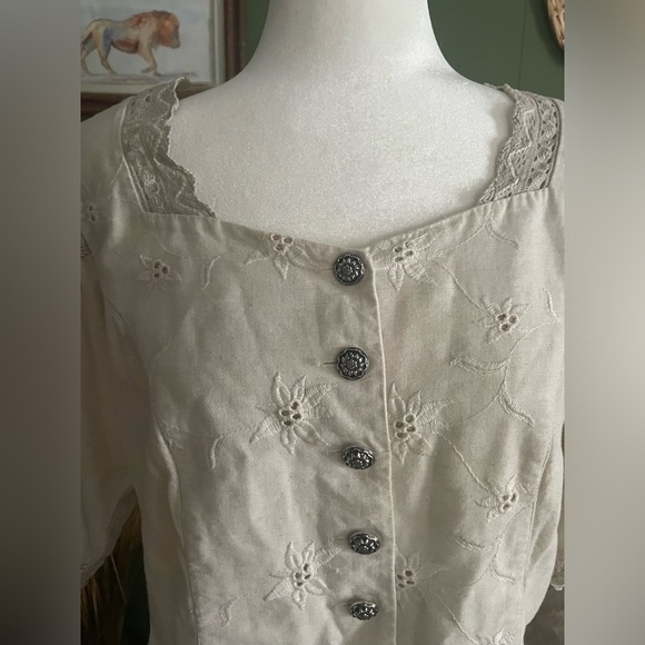 Vintage Pierre Marcel Embroidered Cream White Linen Lace Blouse Top Size Medium - Picture 2 of 5